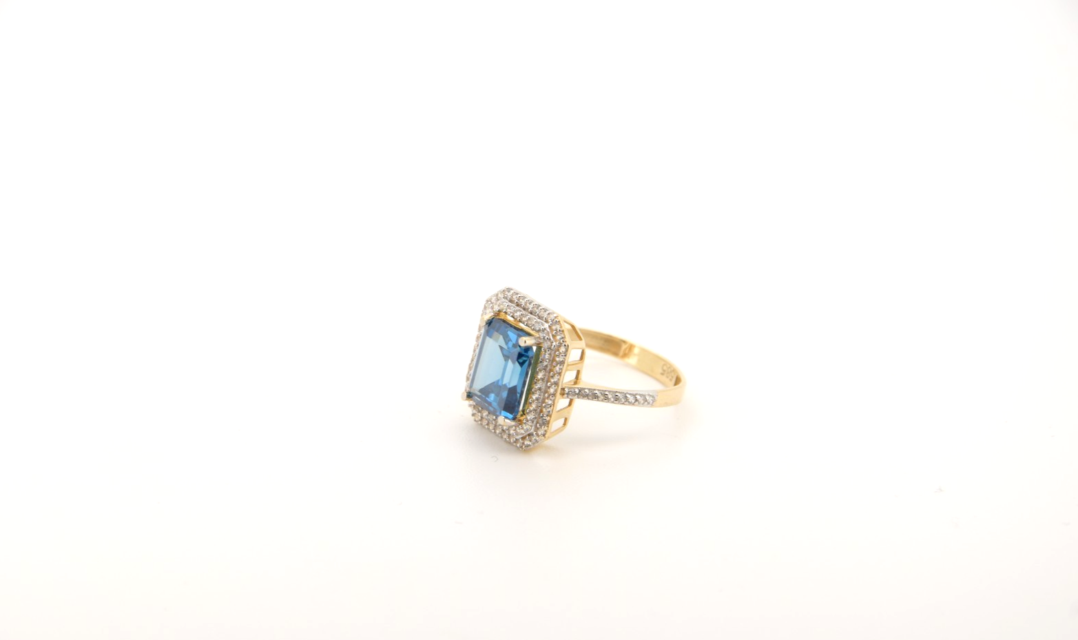 Prächtiger 14k 585 Gold Halo-Ring | Großer Blauer Edelstein & funkelnde Zirkonia