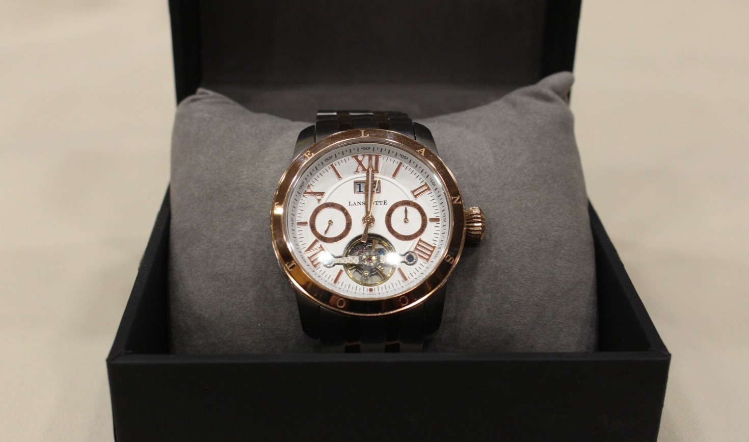 Herrenarmbanduhr Lanscotte Automatic Open Balance Edelstahl mit Goldfarben 42 mm