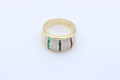 Prächtiger Damen Ring aus 585 / 14K Gold mit Rubin, Saphir, Smaragd & Diamanten