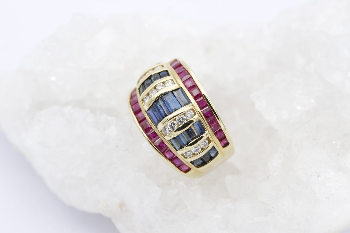 Exklusiver 585er / 14K Gelbgold Damen Ring mit Rubinen, Saphiren und Diamanten