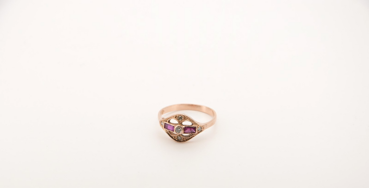 Antiker Juwelier-Ring Damen 14k (585) Rotgold mit Brillant, Diamanten & Rubinen
