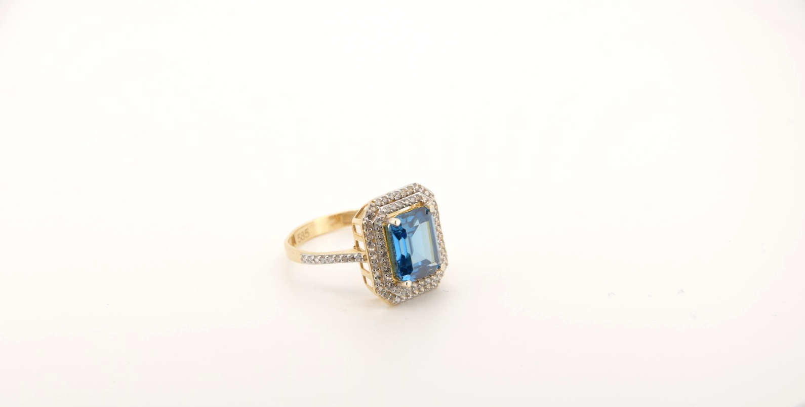 Prächtiger 14k 585 Gold Halo-Ring | Großer Blauer Edelstein & funkelnde Zirkonia