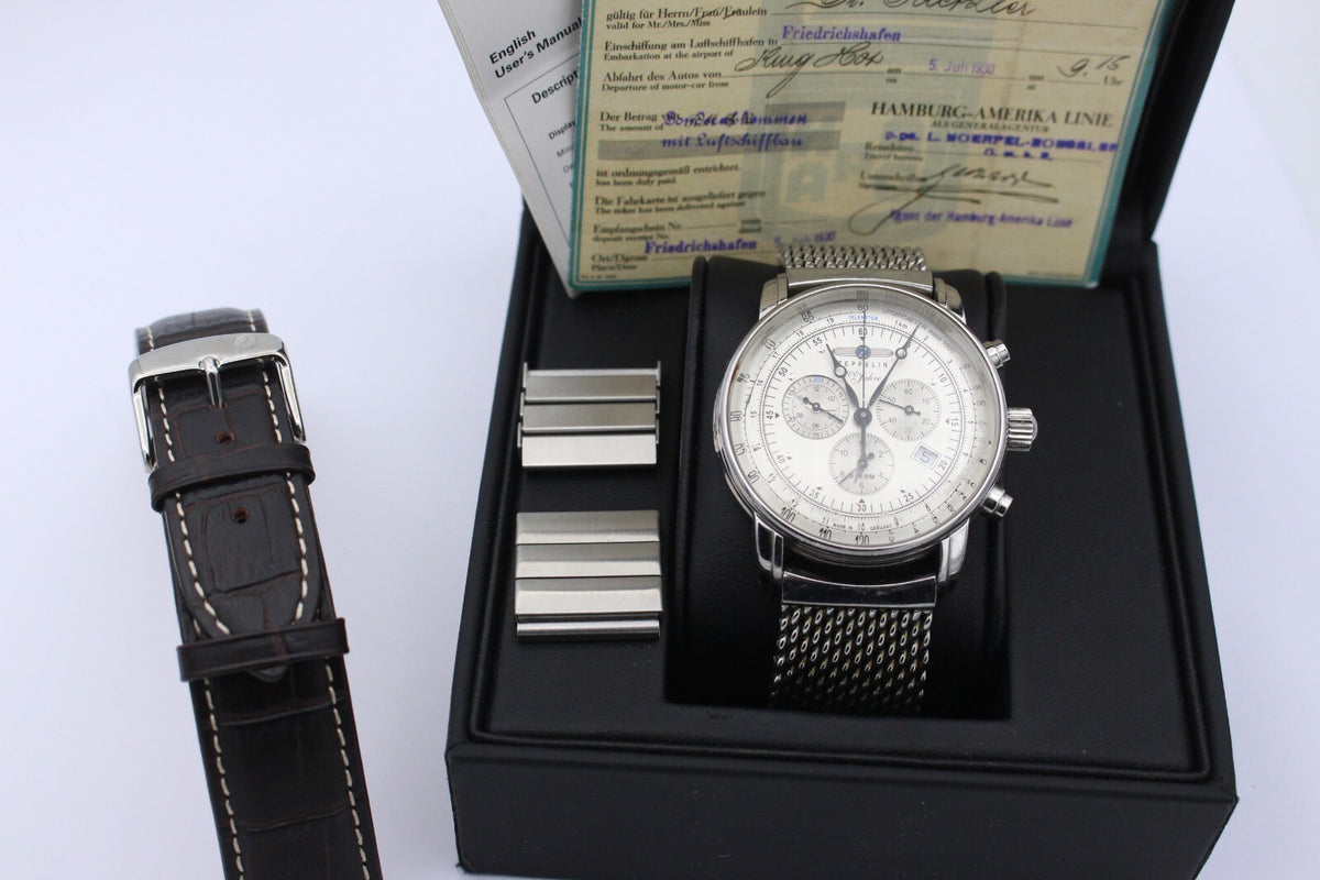 Zeppelin Herrenuhr 7680-1 Chronograph Uhr 100 Jahre Edelstahl + Lederarmband
