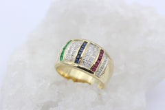 Prächtiger Damen Ring aus 585 / 14K Gold mit Rubin, Saphir, Smaragd & Diamanten
