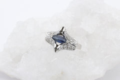 Schöner 585 / 14 Karat Weißgold Ring Saphir Brillanten Schmetterling Damenring