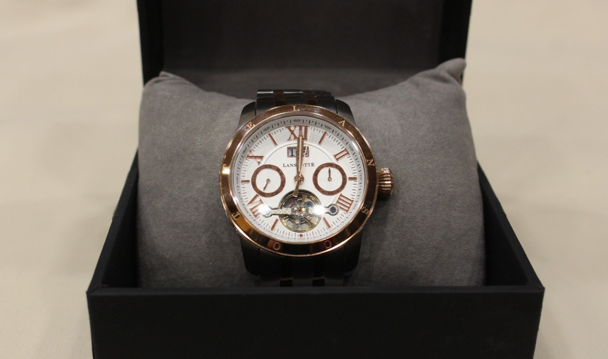 Herrenarmbanduhr Lanscotte Automatic Open Balance Edelstahl mit Goldfarben 42 mm