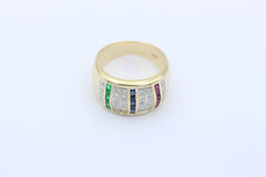 Prächtiger Damen Ring aus 585 / 14K Gold mit Rubin, Saphir, Smaragd & Diamanten