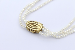 Edles Perlen Halskette Collier 3-reihig 750er / 18K Gold Schließe & Brillanten