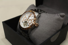 Herrenarmbanduhr Lanscotte Automatic Open Balance Edelstahl mit Goldfarben 42 mm