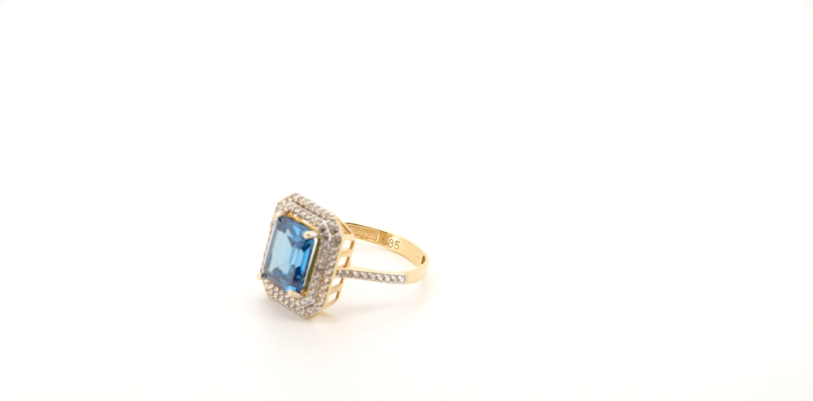 Prächtiger 14k 585 Gold Halo-Ring | Großer Blauer Edelstein & funkelnde Zirkonia