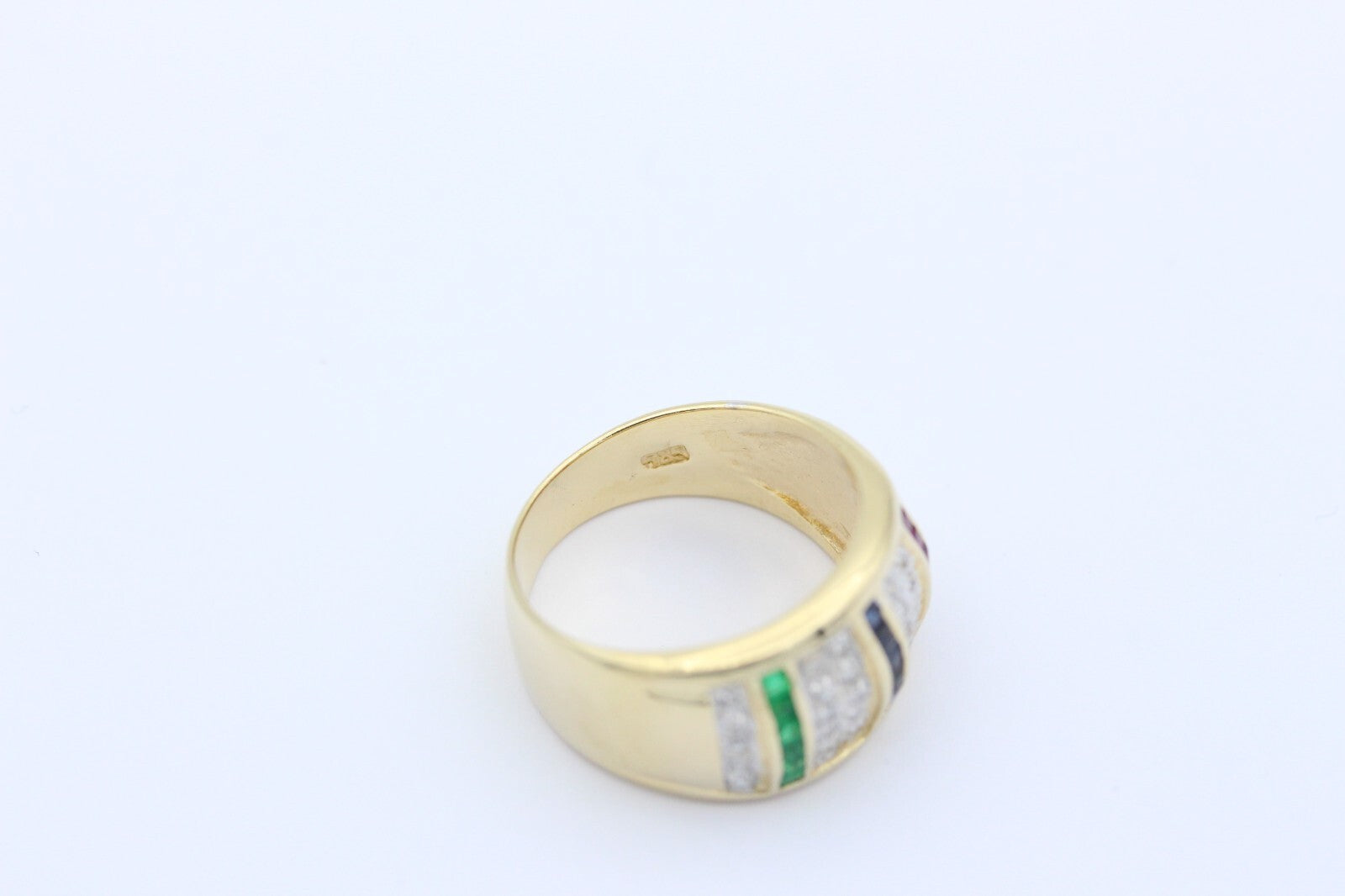 Prächtiger Damen Ring aus 585 / 14K Gold mit Rubin, Saphir, Smaragd & Diamanten