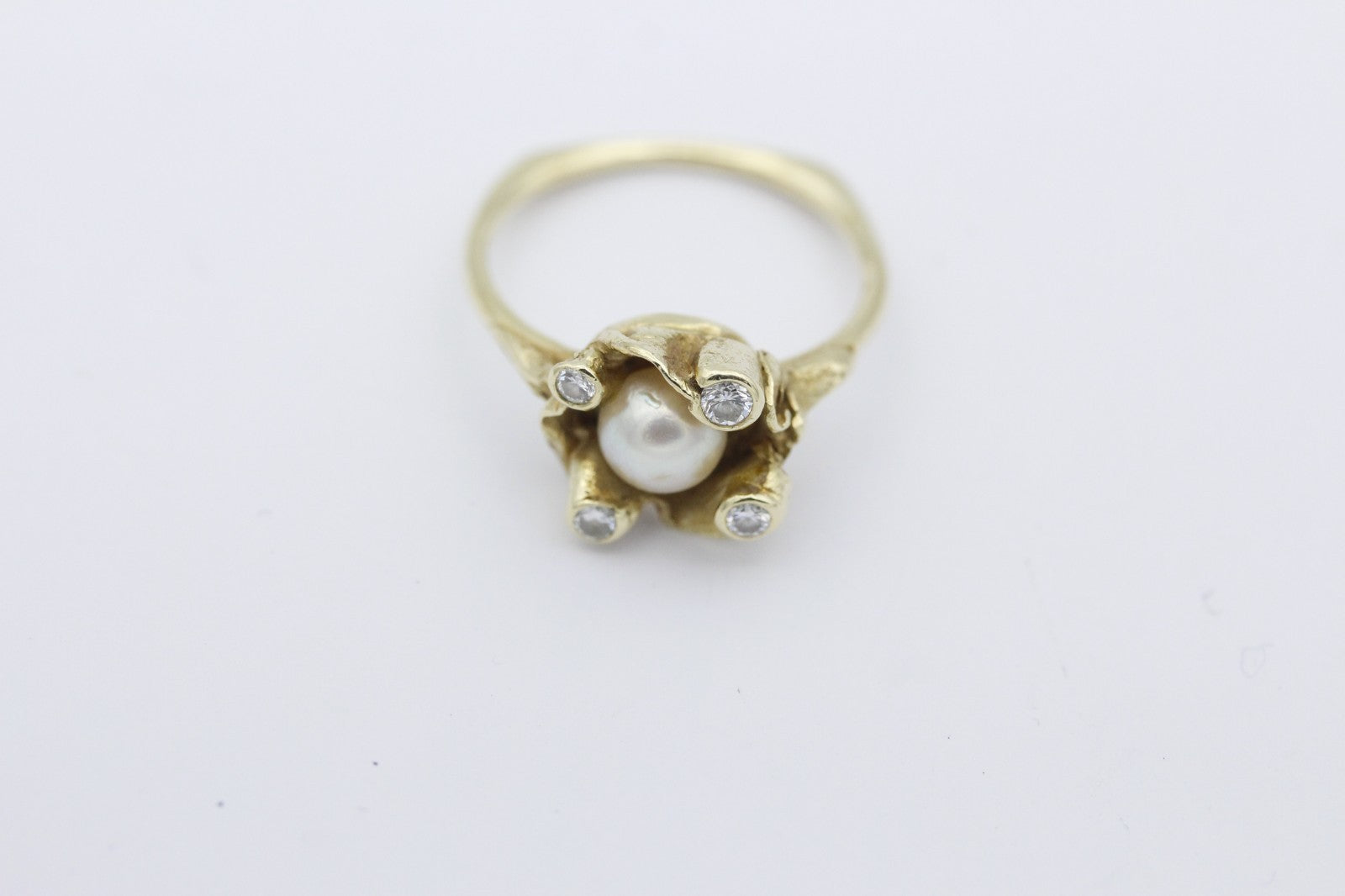 Designer Damen Ring aus 585 / 14k Gelbgold mit eine Perle & Diamanten | Gr. 55
