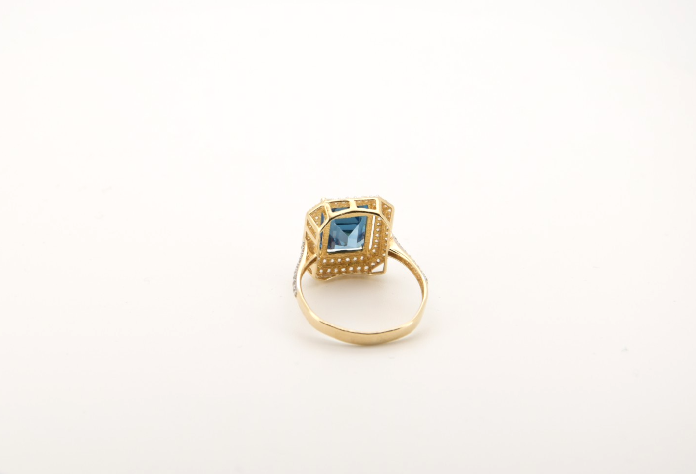 Prächtiger 14k 585 Gold Halo-Ring | Großer Blauer Edelstein & funkelnde Zirkonia