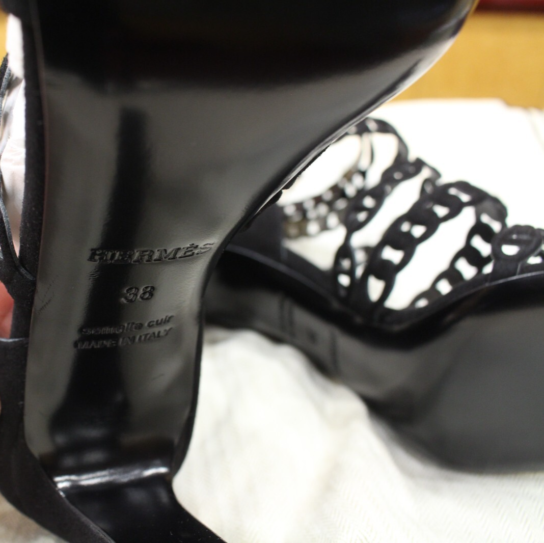Hermes Leder Damen Sandalen Sandaletten Wildledereffekt Schwarz Gr. 38 Unbenutzt