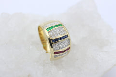Prächtiger Damen Ring aus 585 / 14K Gold mit Rubin, Saphir, Smaragd & Diamanten
