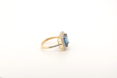 Prächtiger 14k 585 Gold Halo-Ring | Großer Blauer Edelstein & funkelnde Zirkonia