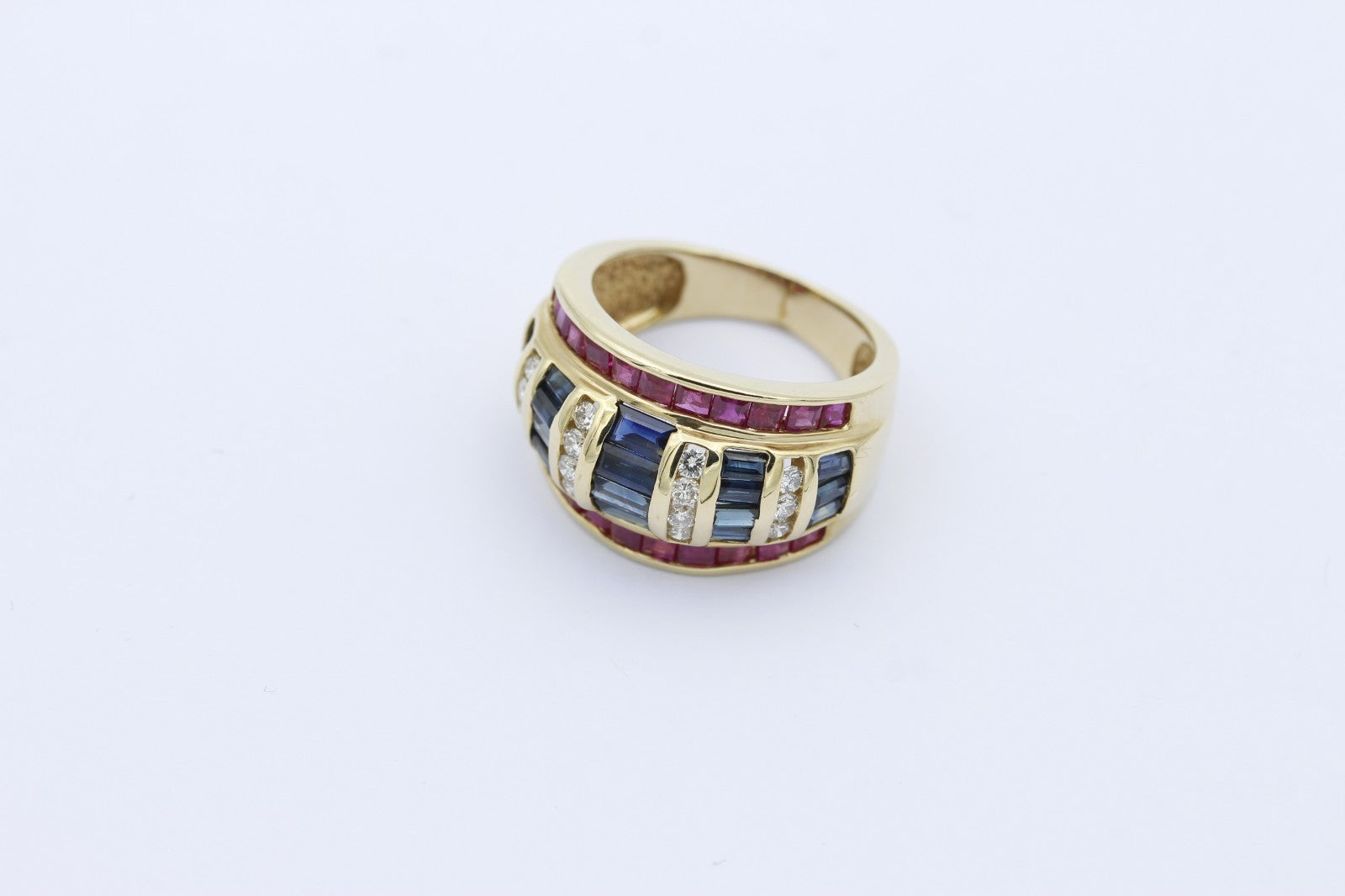 Exklusiver 585er / 14K Gelbgold Damen Ring mit Rubinen, Saphiren und Diamanten