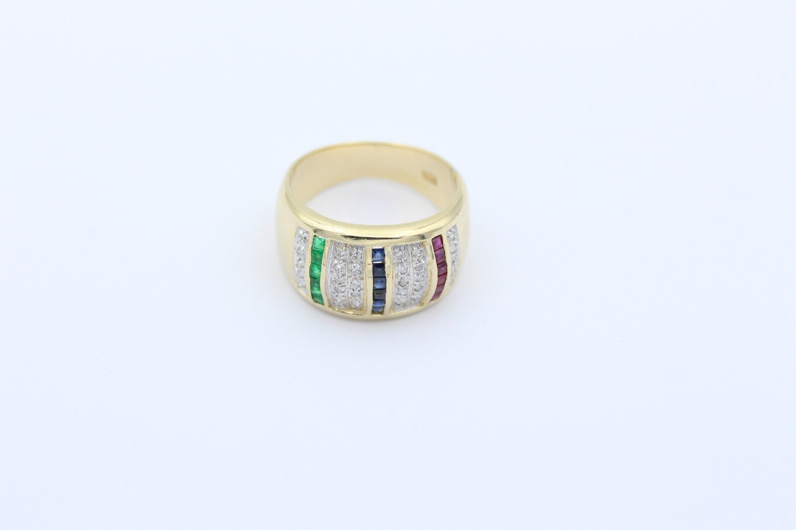 Prächtiger Damen Ring aus 585 / 14K Gold mit Rubin, Saphir, Smaragd & Diamanten