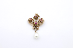 Prächtiger Antiker Jugendstil Anhänger in 585 Gold mit Rubinen Diamanten & Perle